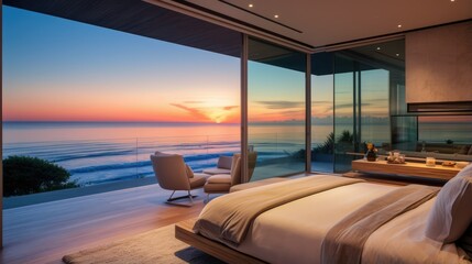 Fototapeta premium Luxury hotel interior with twilight ocean view