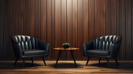 Modern living room, Chairs at wooden wall