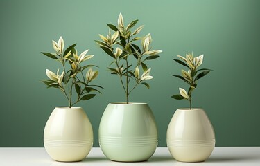 3 plants in different pots on a background