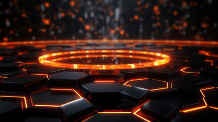 Fototapeta premium Circle neon light in black hall room, futuristic concept.