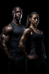 Fototapeta na wymiar Striking Display of Physical Mastery Strong Man and Woman Posers Showcase Bodybuilding Prowess on Opaque Black Background