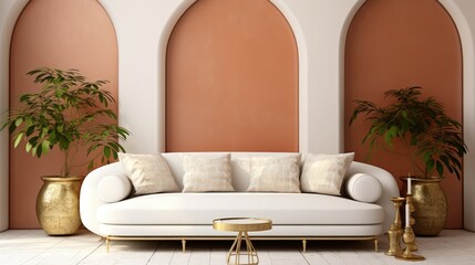 White sofa and terra cotta cushion, interior design