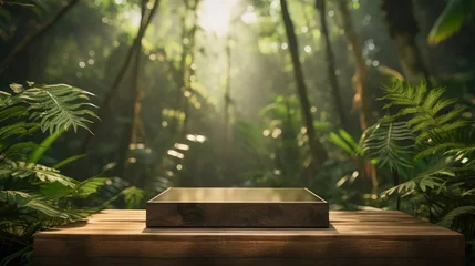 Fotobehang Wooden product display podium in jungle forest scene © thesweetsheep