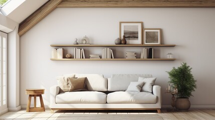 Wooden shelving on white wall, cozy living room