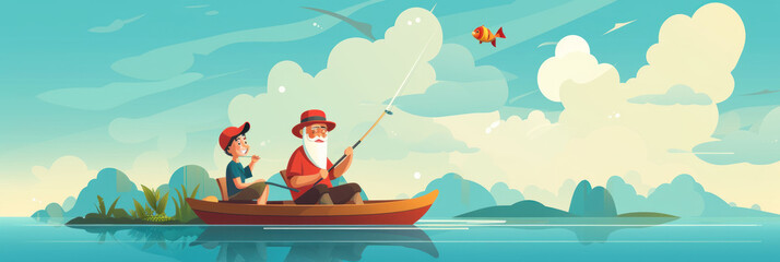 Grandfather and grandson fishing on the river, summer holidays with grandparents, illustration banner
