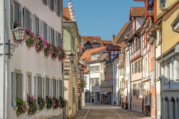 Ueberlingen on Lake Constance, idyllic alley in the old town. Baden-Wuerttemberg, Germany, Europe