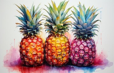 3 watercolor pineapples on a white background