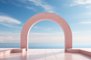 Obraz na płótnie Canvas Abstract minimalist arch podium stage with pedestals for product presentation against blue sky background