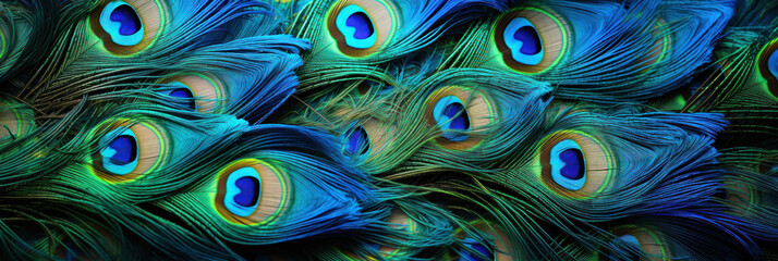 Obraz premium Beautiful bright background of peacock feathers, peacock feathers banner