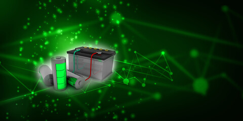 3d rendering Electrical energy and power supply source concept, accumulator inverter battery with charging level indicator