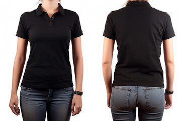 Front and Back View of Female Black Polo Shirt For Design - obrazy, fototapety, plakaty
