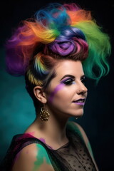 Female face with funny hairstyle, surprised expression, dark background, colorful 