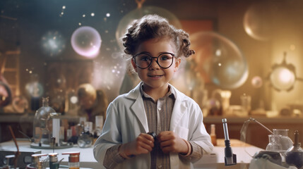 A cute small child dressed in a medical uniform and glasses in a laboratory room