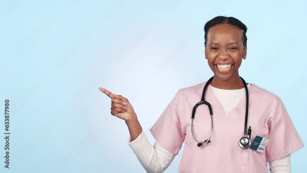 Sticker Happy black woman, doctor and pointing in advertising or marketing against a studio background. Portrait of African female person, healthcare or medical nurse smile showing deal or list on mockup