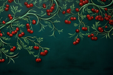 Deep Green Backdrop With Red Berry Swirls