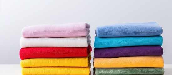 Colorful microfiber cloths stacked on table room for text