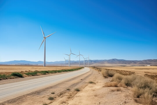 Wind turbines in the desert, alternative energy sources in the sands and mountains, green eco energy