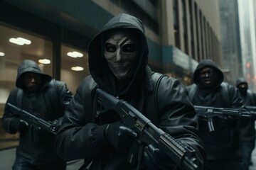 Gang of men, armed with semi-automatic weapons, poised in a menacing robbery stance. - obrazy, fototapety, plakaty