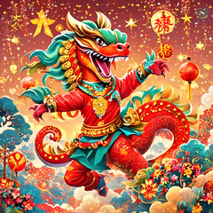  a vibrant and lively scene of a Chinese dragon dance, capturing the energy and excitement of New Year celebrations