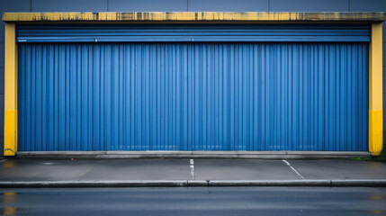 Closed blue roller shutters, closed storage area or garage, warehouse space