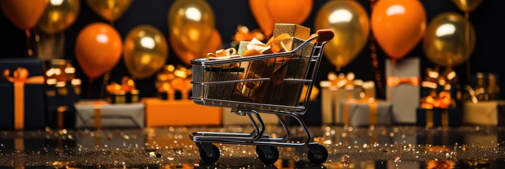 Foto op Aluminium Black Friday shopping cart with gift boxes, Black Friday discounts, blurred background with bright lights © serz72