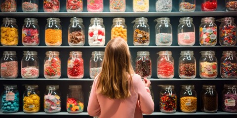 Young Girl Exploring a Candy Store, Faced with a Sweet Temptation, Balancing Sugar and Dietary Choices with Curiosity and Health in Mind - obrazy, fototapety, plakaty