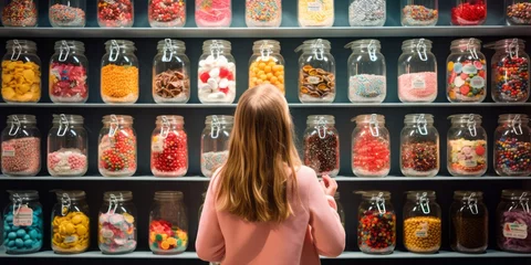 Tuinposter Young Girl Exploring a Candy Store, Faced with a Sweet Temptation, Balancing Sugar and Dietary Choices with Curiosity and Health in Mind © Ben