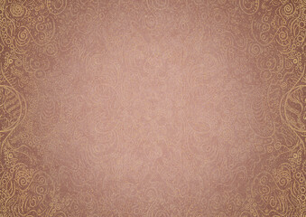 Hand-drawn abstract ornament. Light semi transparent pale pink and golden splatter on a pale pink back, with vignette of same pattern in gold on a darker color. Paper texture. A4. (pattern: p04a)