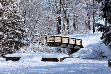 Snowy bridge over a stream in the park