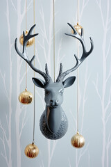 Christmas home decor with figure of head deer and Christmas ornaments