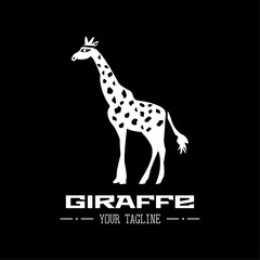 White giraffe logotype with text on black background. Vector illustration for business