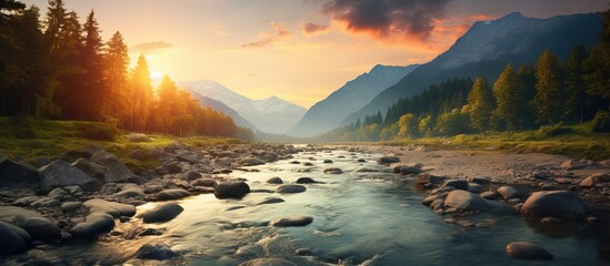 Sunset background featuring a mountain river landscape