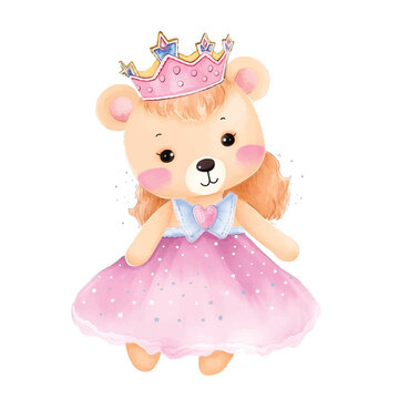 Cute teddy bear princess vector watercolor paint ilustration