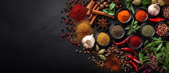Obraz na płótnie Canvas High quality photo of herbs and spices for cooking on a dark background with copy space for a mock up banner