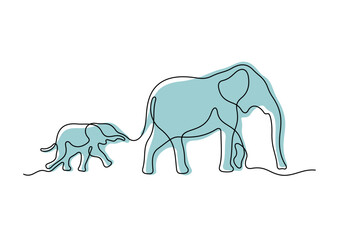 Mom and baby elephants continuous line colourful vector illustration