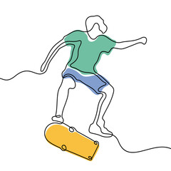 Skater continuous line colourful vector illustration. Skateboarding illustration.