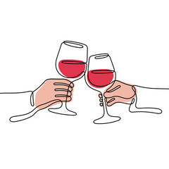 Hands cheering with red wine glasses continuous line colourful vector illustration