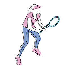 Woman tennis player continuous line colourful vector illustration