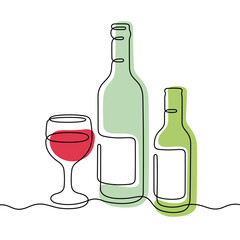 Wine bottles and glass continuous line colourful vector illustration