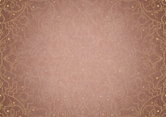 Hand-drawn abstract ornament. Light semi transparent pale pink and golden splatter on a pale pink back, with vignette of same pattern in gold on a darker color. Paper texture. A4. (pattern: p07-2a)