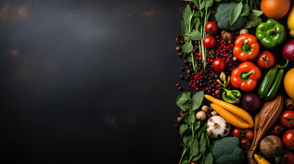 fresh vegetables and herbs on a black stone background.