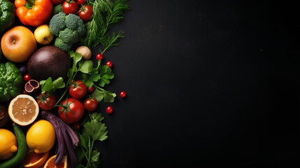 composition with fresh fruits and vegetables on dark background with space for your text. - obrazy, fototapety, plakaty