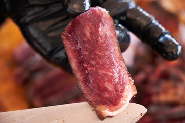 Steak Perfection Unveiled: Juicy, sliced chuletón, a testimony to the artistry of grilling and the...