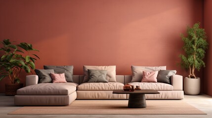 AI-generated coral or terracotta living room accent sectional sofa, The walls are dark beige, great art gallery location, Colorful house interior mockup
