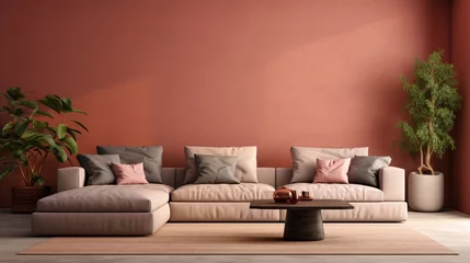 Plaid mouton avec photo Mur chinois AI-generated coral or terracotta living room accent sectional sofa, The walls are dark beige, great art gallery location, Colorful house interior mockup