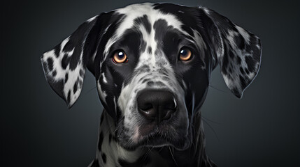 portrait of an adorable dalmatian dog looking up isolated on black background. 