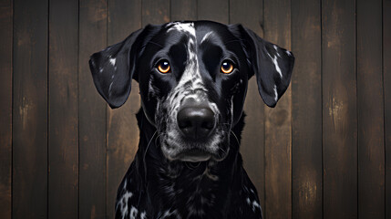 portrait of an adorable dalmatian dog with black eyes looking into the camera on an old gray brick background.