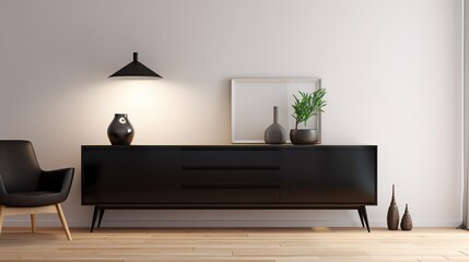 Interior of modern living room with black sideboard over white wall with wooden paneling, contemporary room with dresser, home design with poster. Generative AI
