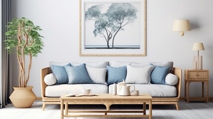 Japandi design of a farmhouse interior minimalist living room with frame mockup in white and blue tones. sofa, rattan furniture, and wallpaper. AI Created