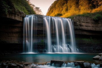 Harmony of nature in the embrace of a mighty waterfall. The magic of a sunset in a panorama of natural coziness.